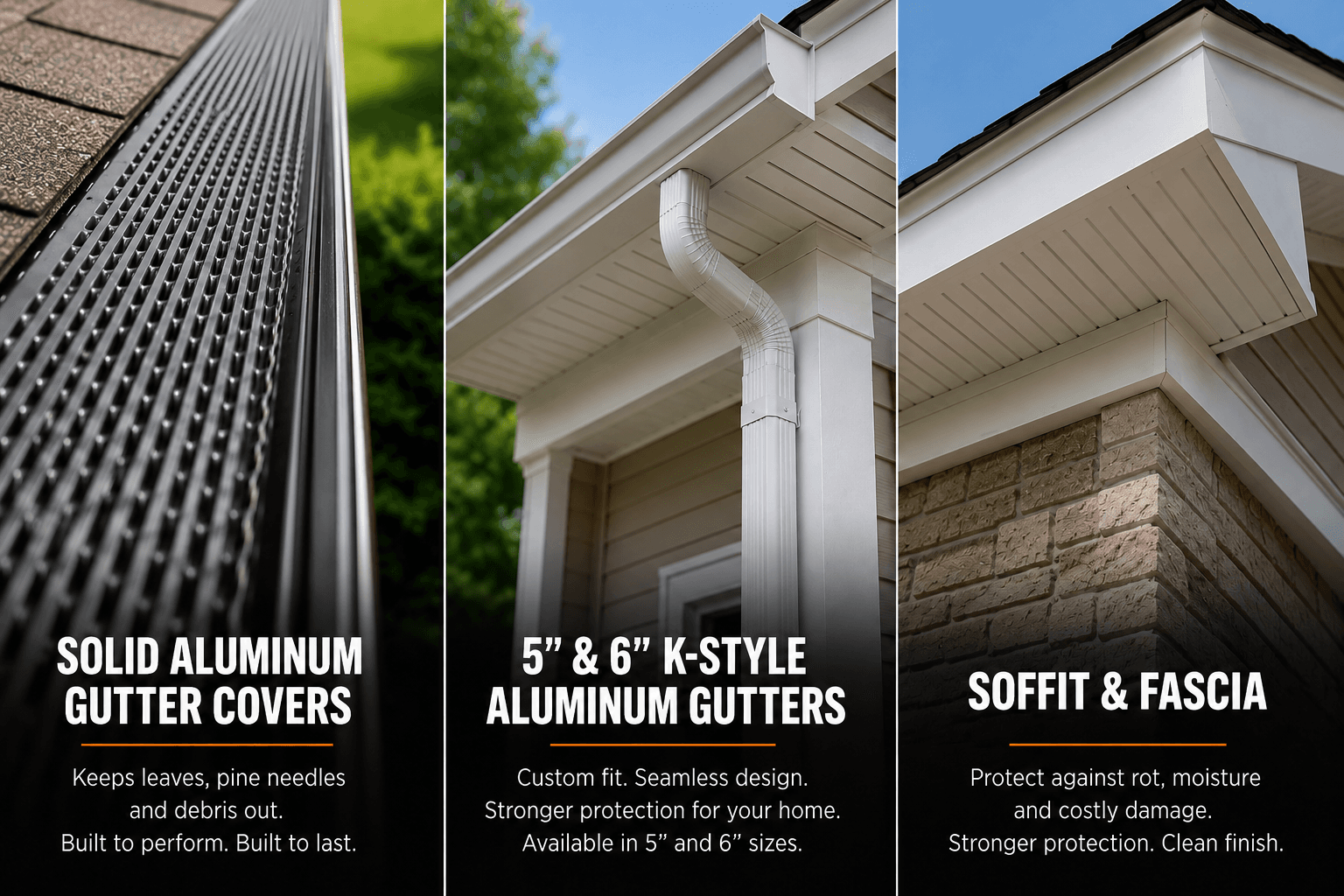 Gutter covers, five and six inch K-style aluminum gutters, and soffit and fascia work