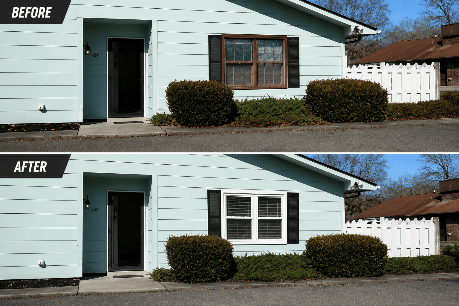 Before and after window replacement on an East Tennessee home